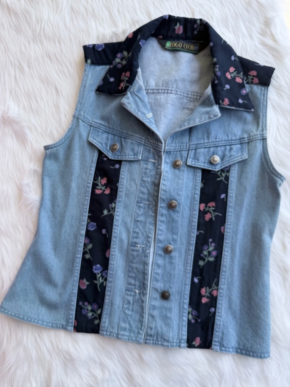 Light Wash Denim Vest with Black Floral Insets